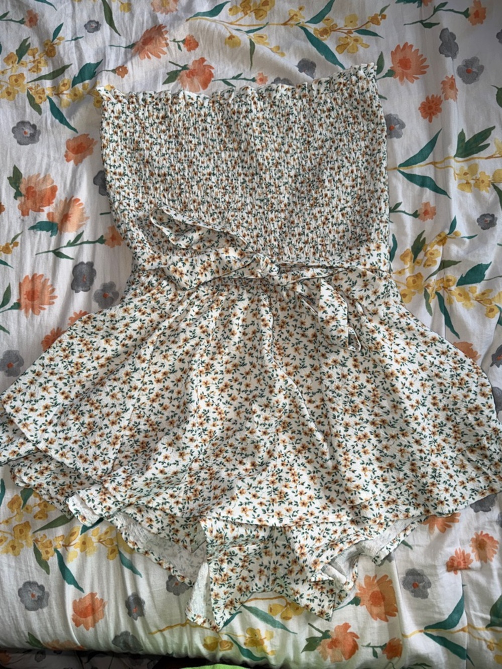 Altar'd State Floral Smocked Romper in Cream, Mustard & Green